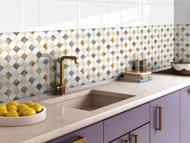 Modern small kitchen design with ceramic sparkle wall with sink,books and fruits